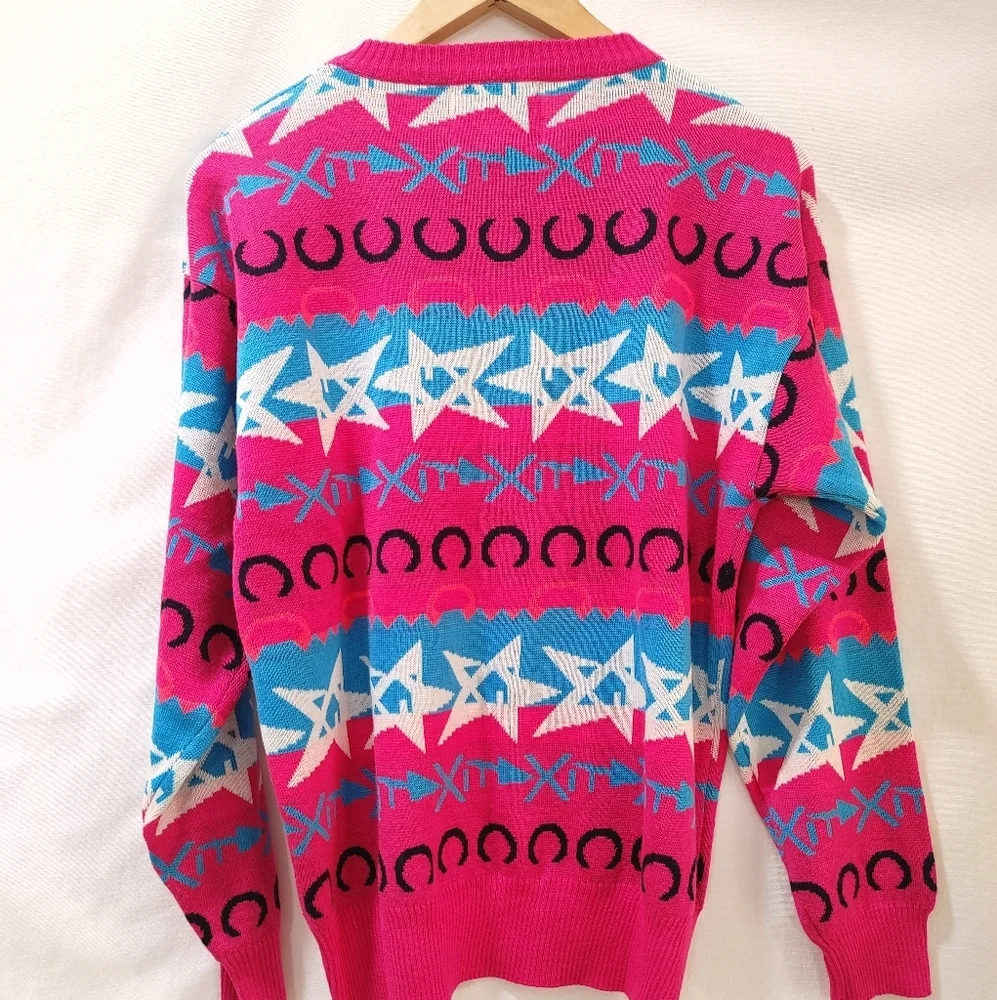 Summit Country Vintage Sweater Wool Blend Pink Blue‎ Western Star Neon Ski Large - Picture 3 of 7